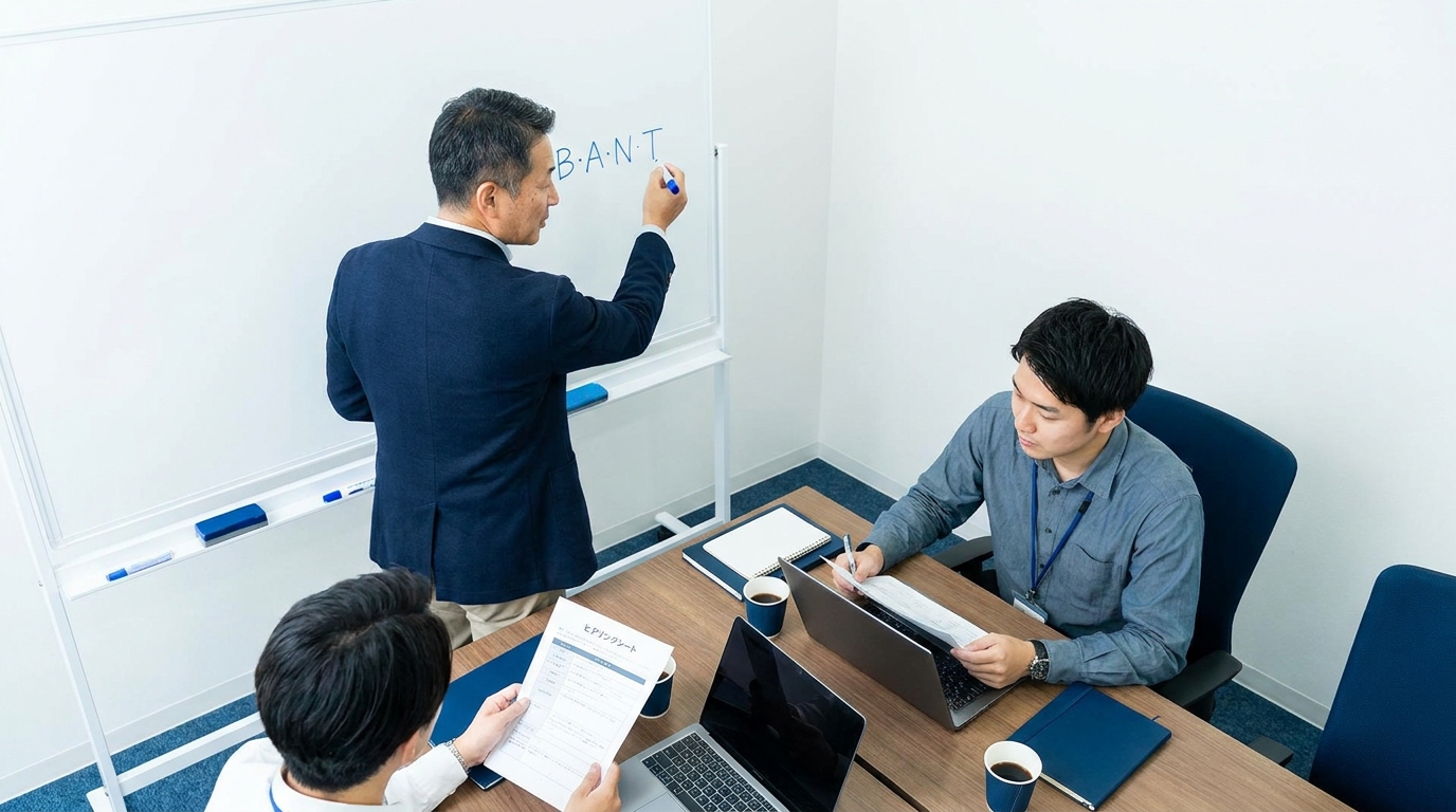 BANT条件のヒアリングシートを営業会議でレビューする中小企業の経営者と若手営業