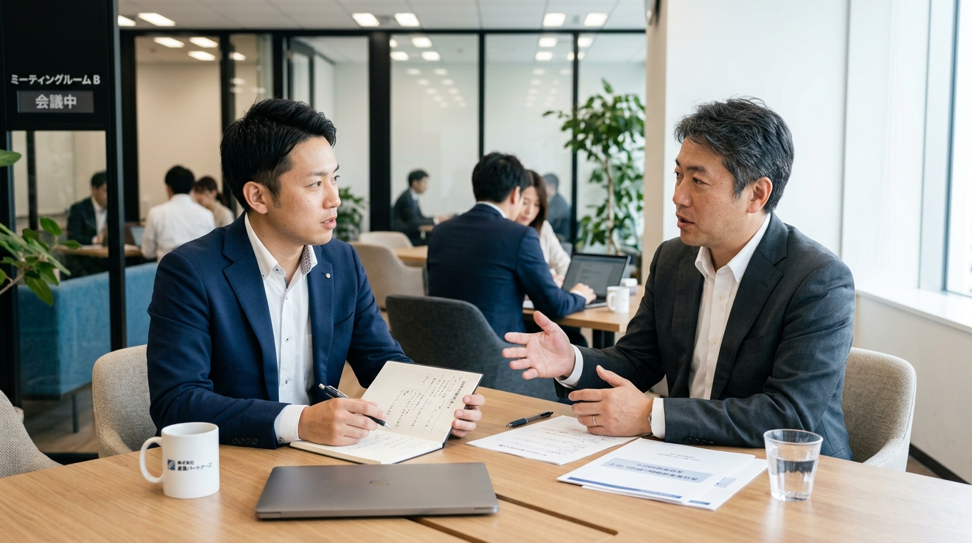 SPIN営業の質問例を活用し、中小企業の営業担当者が顧客とヒアリング対話を行う商談シーン
