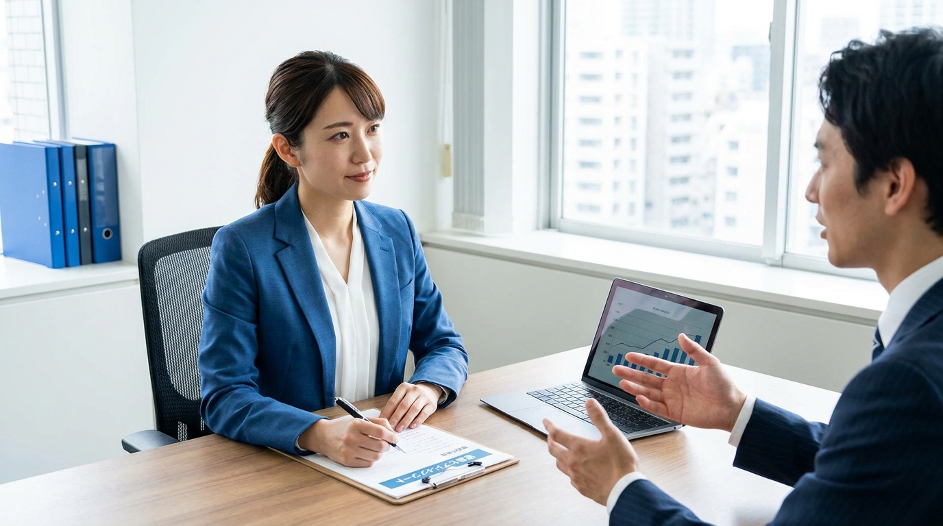 営業ヒアリングシートのテンプレートを活用して顧客と対話している中小企業の営業担当者