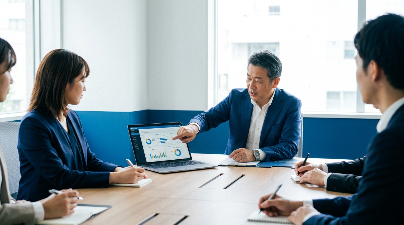 中小企業の経営者がCRMダッシュボードを確認しながら営業会議を行っているシーン