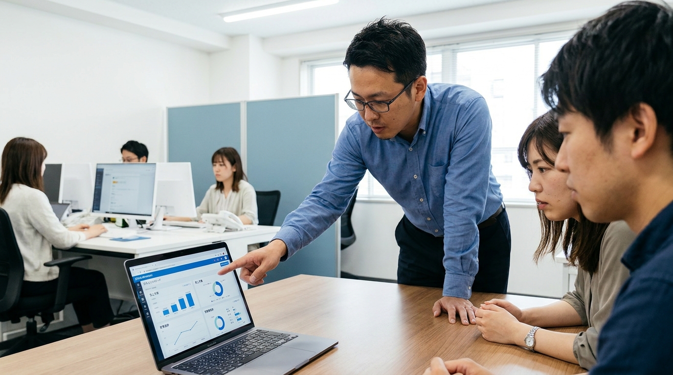 中小企業の営業責任者がSFAダッシュボードを見ながら営業会議を行っているシーン