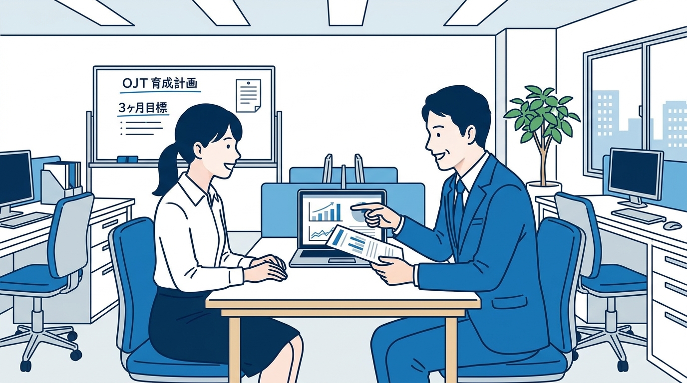 中堅メンターが新人営業にOJTで指導している中小企業のオフィスシーン