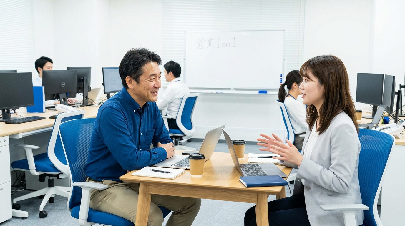 中小企業のマネジャーと営業担当が1on1で対話しているシーン