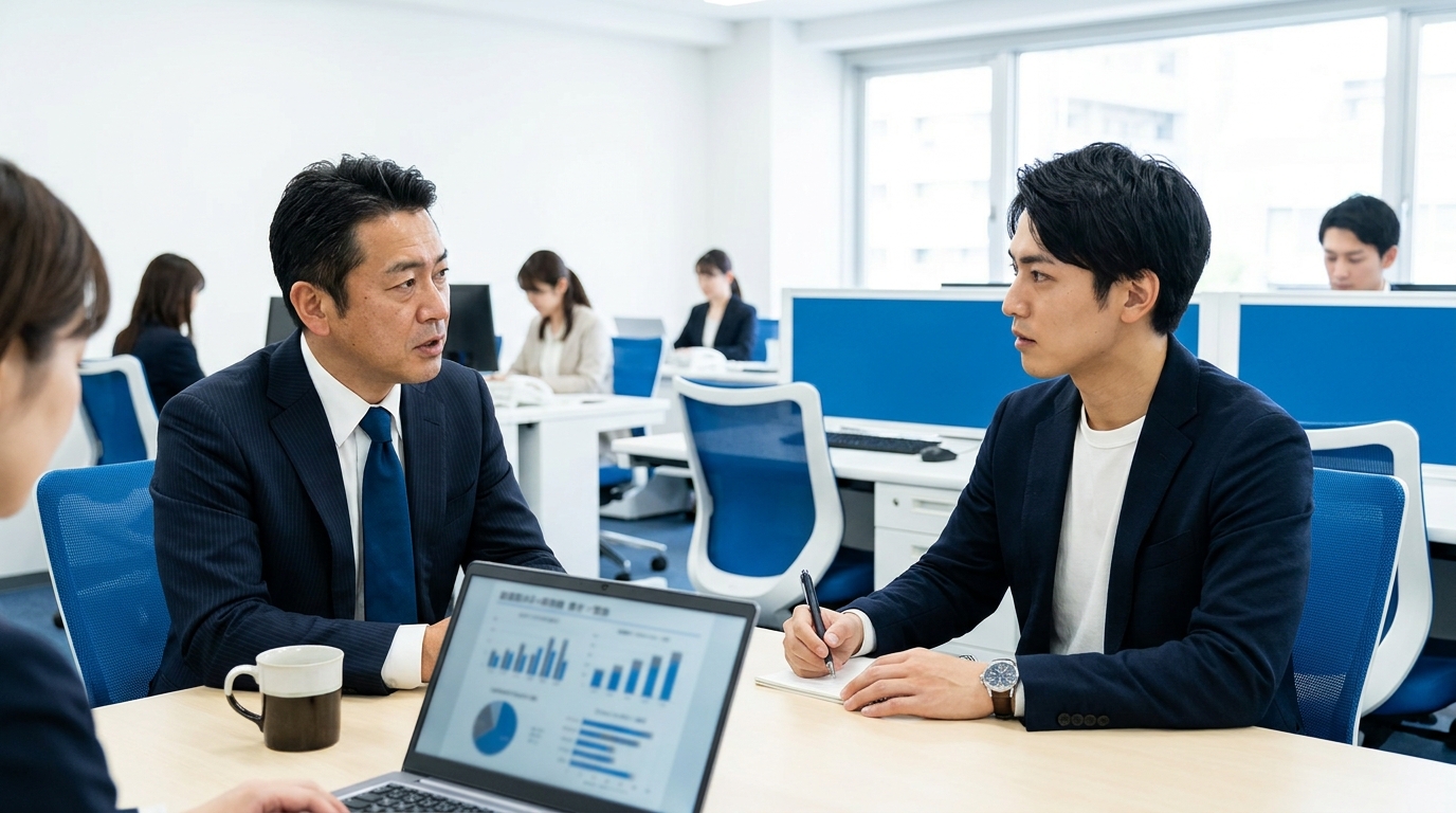 中小企業の経営者とエース営業が1on1ミーティングをしているシーン